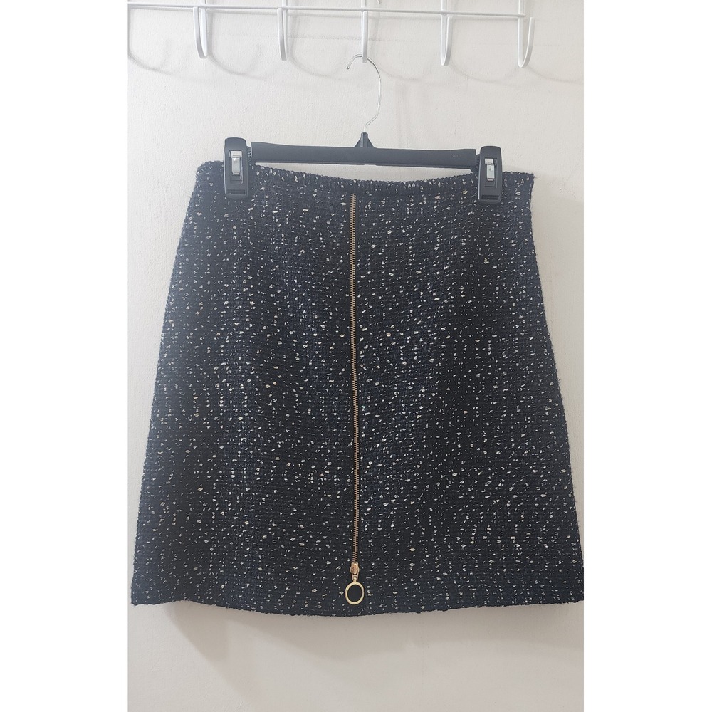 J.McLaughlin Navy Blue Gold Metallic Tweed Mini Skirt Front Zip Size 4